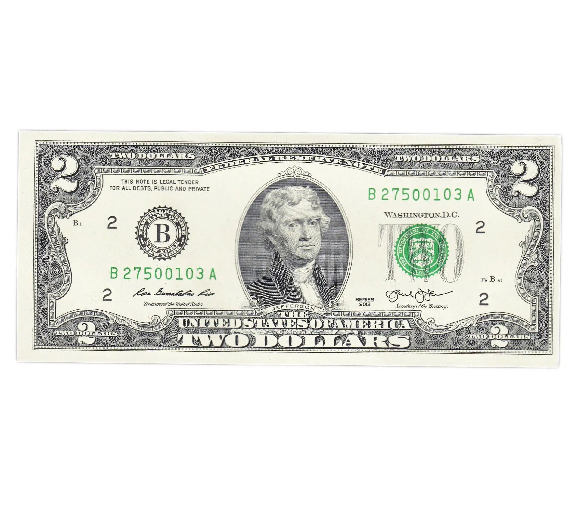 Банкнота США 2 доллара 2009-2017 гг, новые купюры из банковской пачки UNC (пресс)