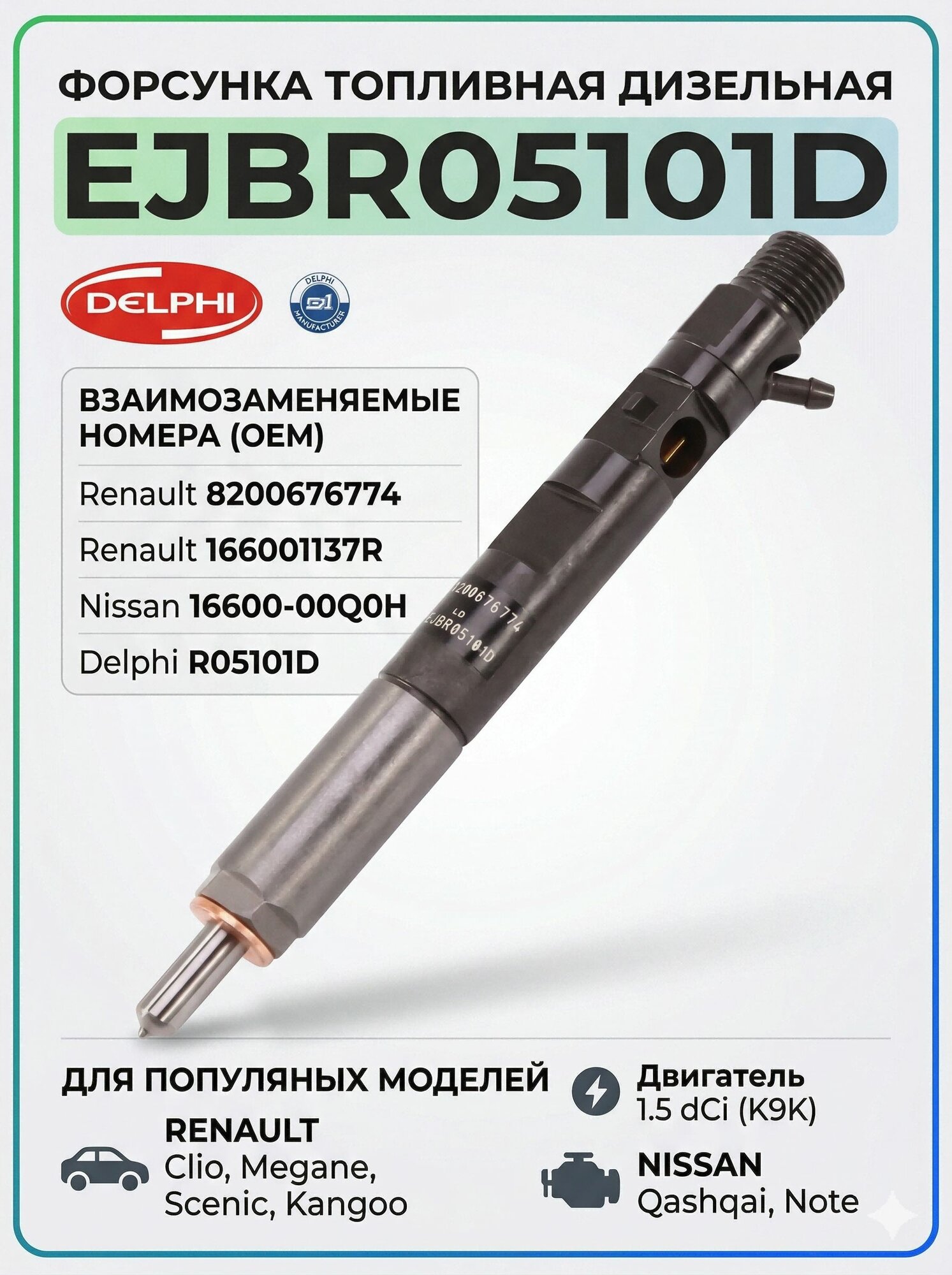 Форсунка топливная Delphi EJBR05101D (OEM: 8200676774) для Renault Nissan 1.5 dCi K9K Евро-4, 1 шт.