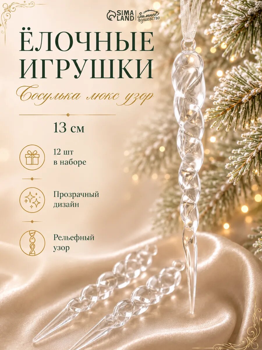 Набор елочных игрушек Зимнее волшебство «Сосулька люкс» узор, 13 см