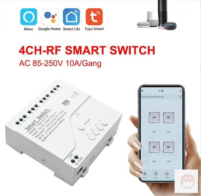Умное 4-ч канальное реле Zigbee+RF на din-рейку 4x10A