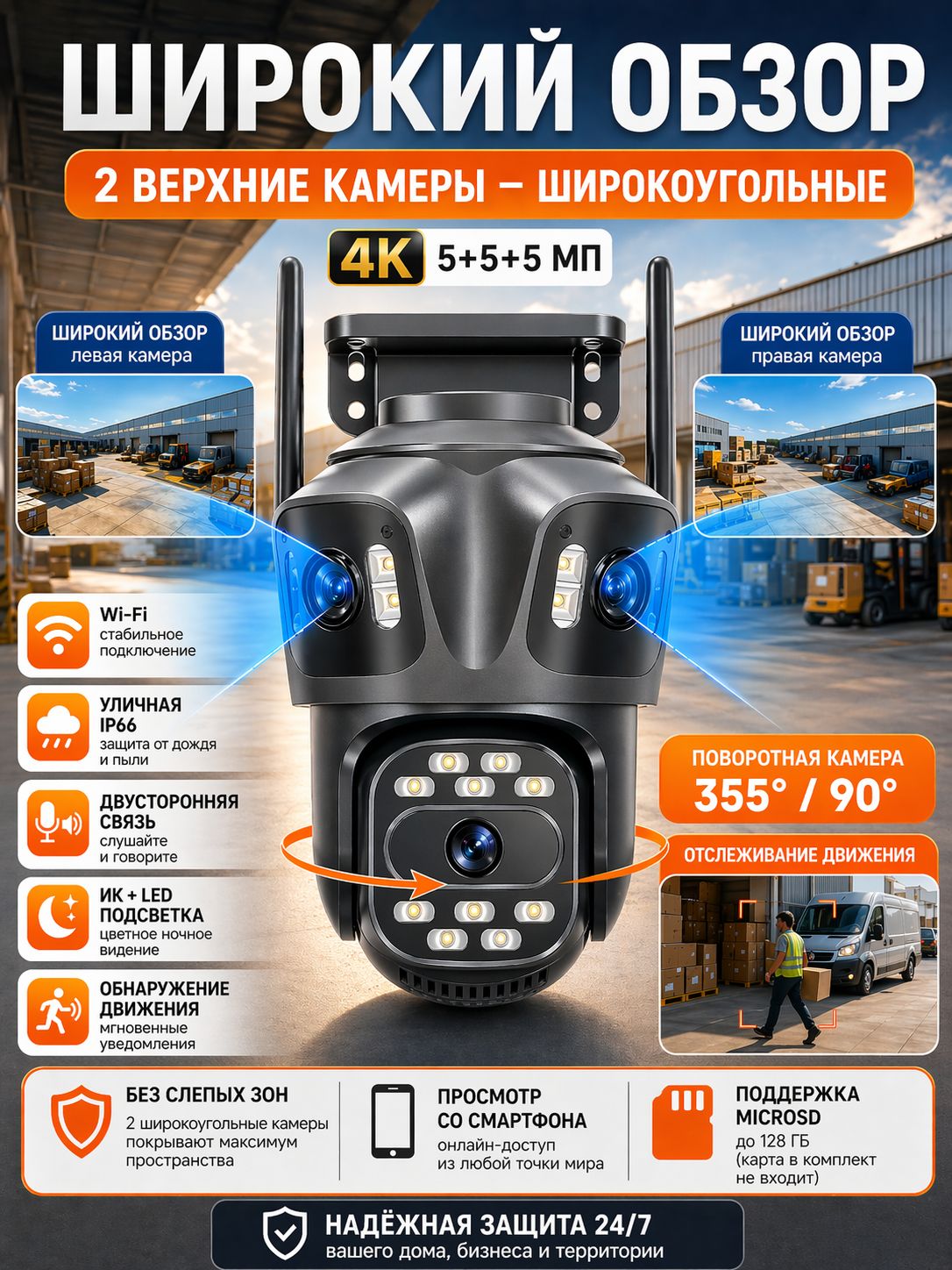 Камера видеонаблюдения уличная Wi-Fi для дома, беспроводная, с датчиком движения, ночным видением и 10x зумом