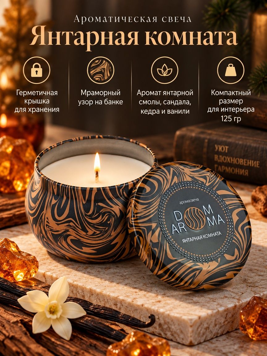 Ароматическая свеча DOM AROMA "Янтарная комната" в декоративной алюминиевой банке