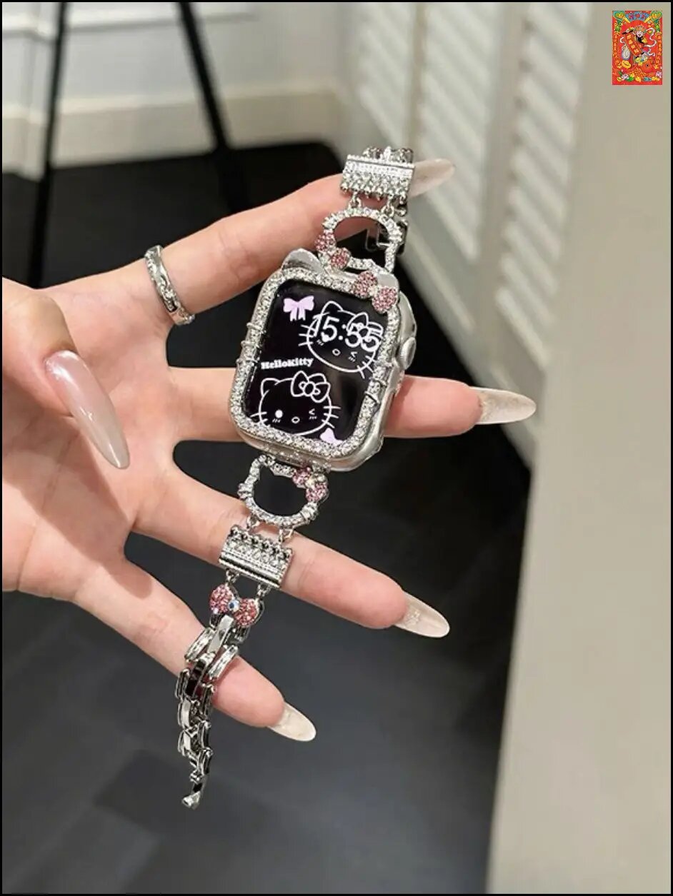 Металлический ремешок для Apple Watch Series 4-6 и SE 1-3 40 мм, металлический браслет со стразами, Противоударный чехол защитным бампером со стразами, Hello Kitty