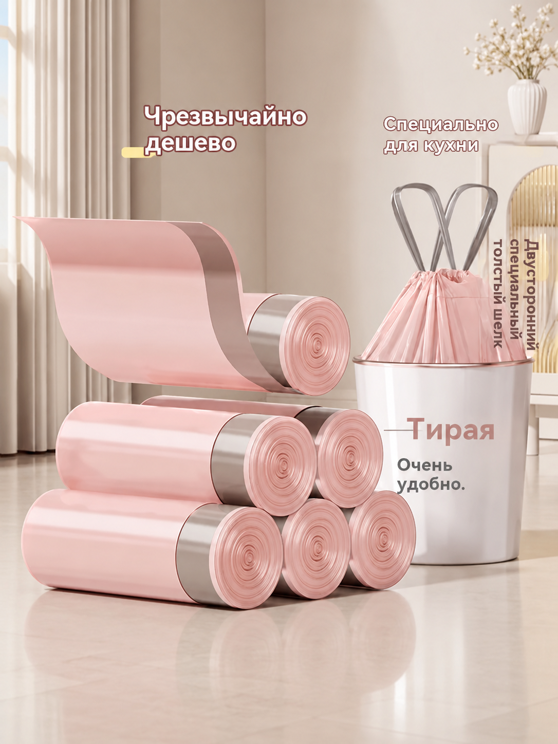 Толстые бытовые мешки для мусора с вытяжным шнуром, не требуют разрыва, 100 штук в упаковке