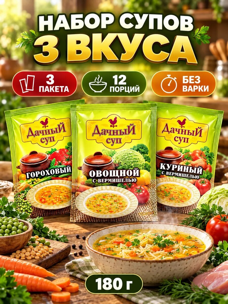Набор супов 3 вкуса гороховый овощной куриный 180г — супы быстрого приготовления