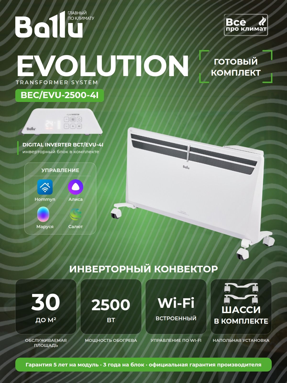 Инверторный конвектор Ballu Evolution Transformer с шасси и блоком управления BEC/EVU-2500-4I с WI-FI, 10 ступеней мощности