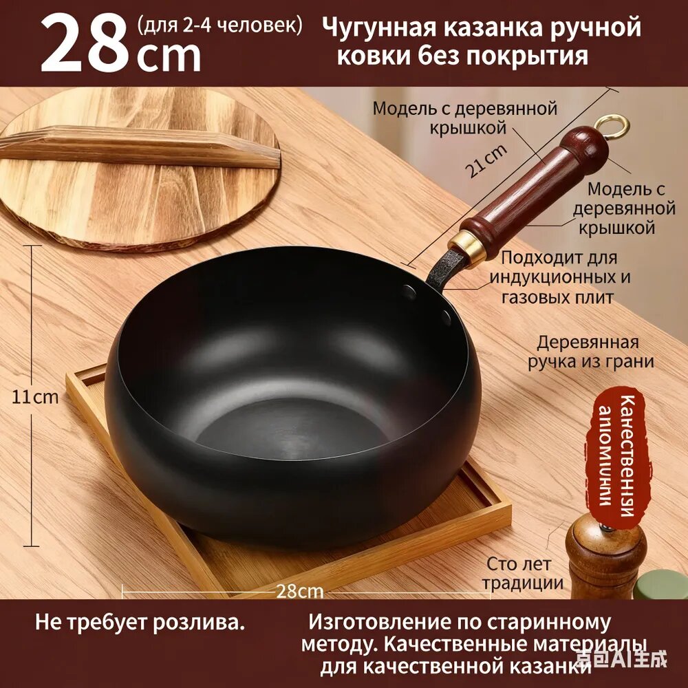 Чугунная казанка ручная ковка 28 см с крышкой, для индукции и газовой плиты