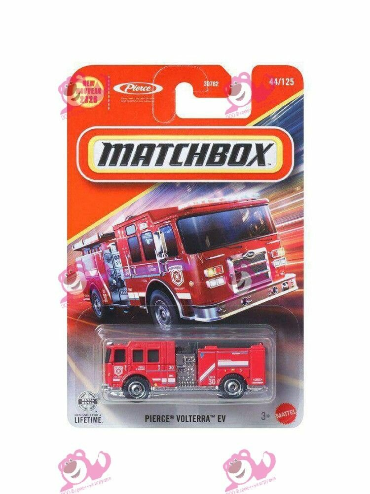 Литая пожарная машинка 1:64 Pierce Volterra EV, металлическая модель спецтехники в блистере
