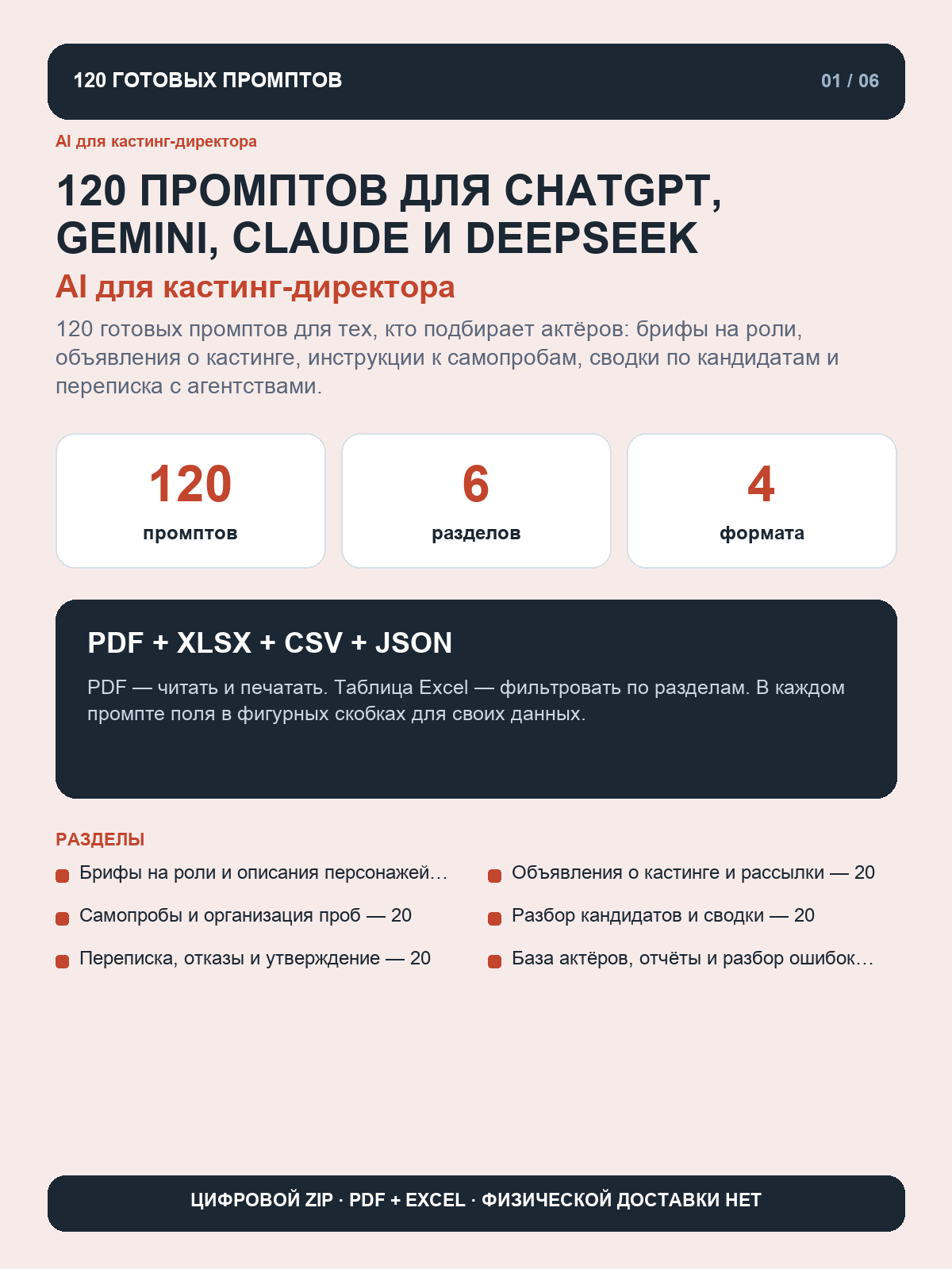 AI для кастинг-директора: 120 промптов для ChatGPT, Gemini, Claude и DeepSeek, цифровой ZIP