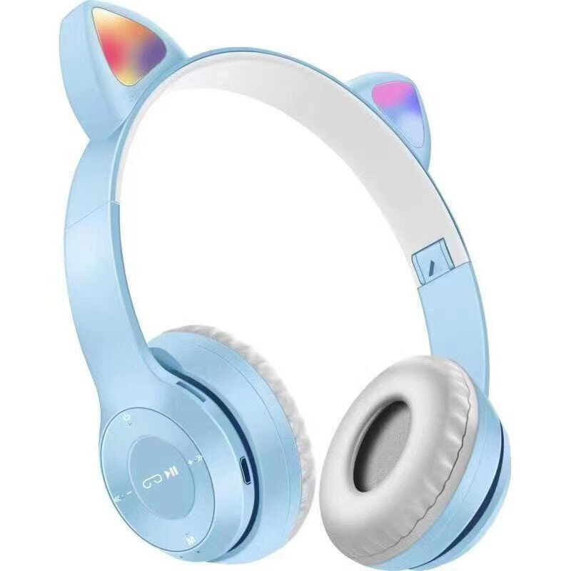 Беспроводные Bluetooth Наушники С Ушами Кота Складные Светящиеся Игровые P47M Голубой