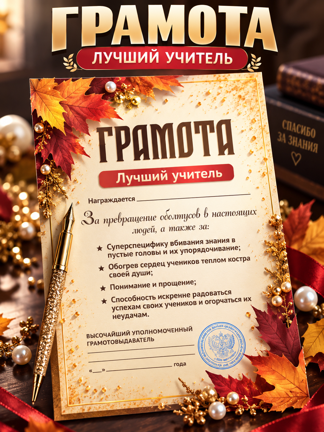 Грамота открытка Лучший учитель А4