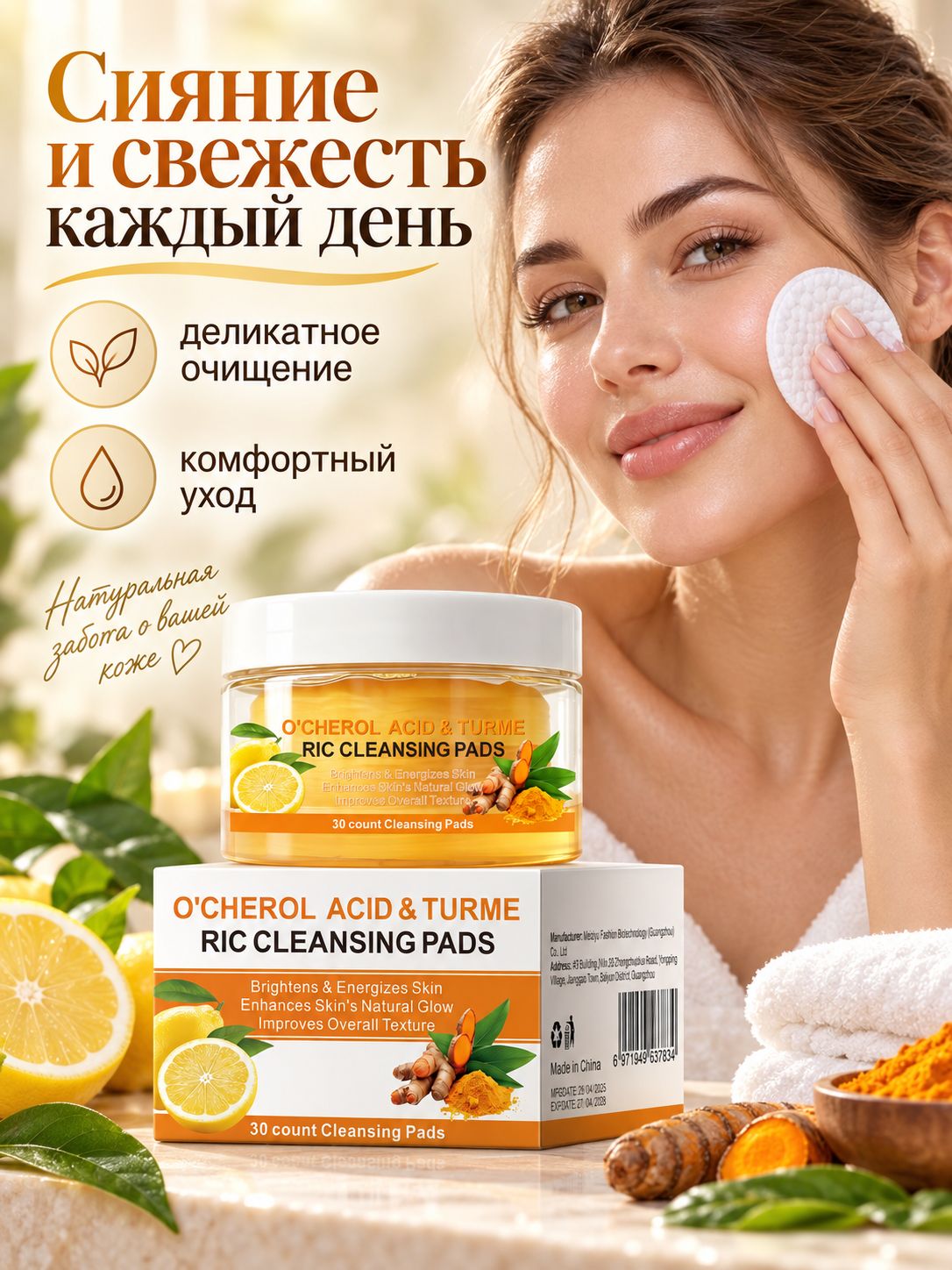 Ватные диски косметические Очищающие подушечки O'CHEROL с кислотой и куркумой, 30 штук