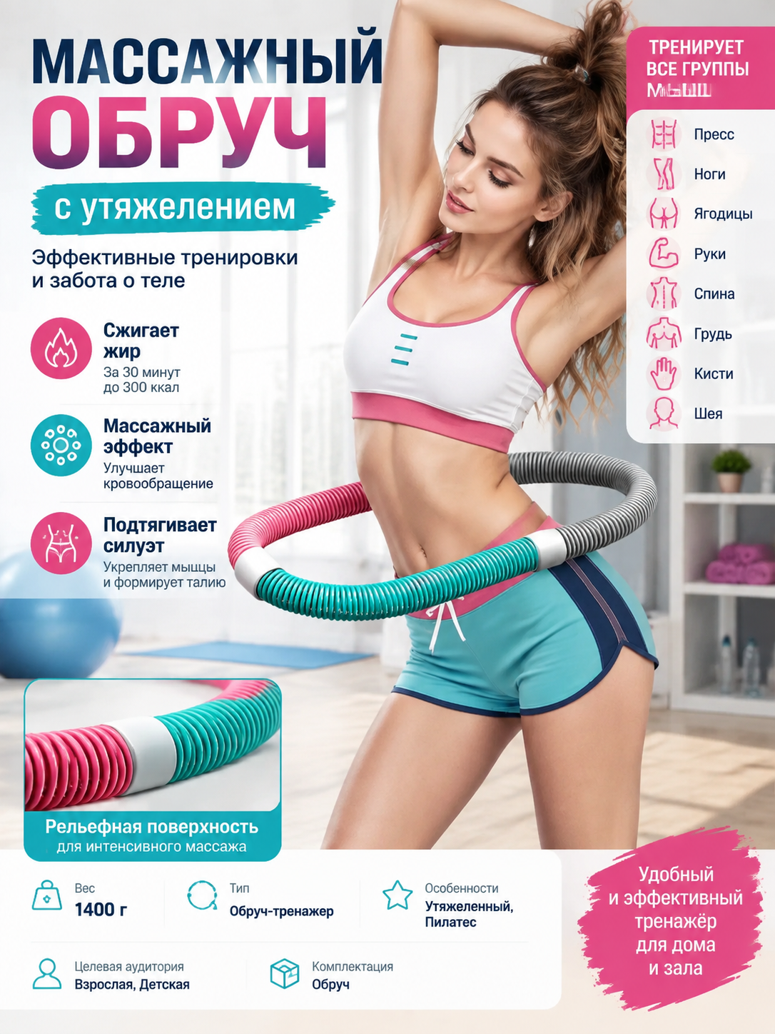 Массажный обруч-тренажёр с утяжелением, 1400 г, разноцветный