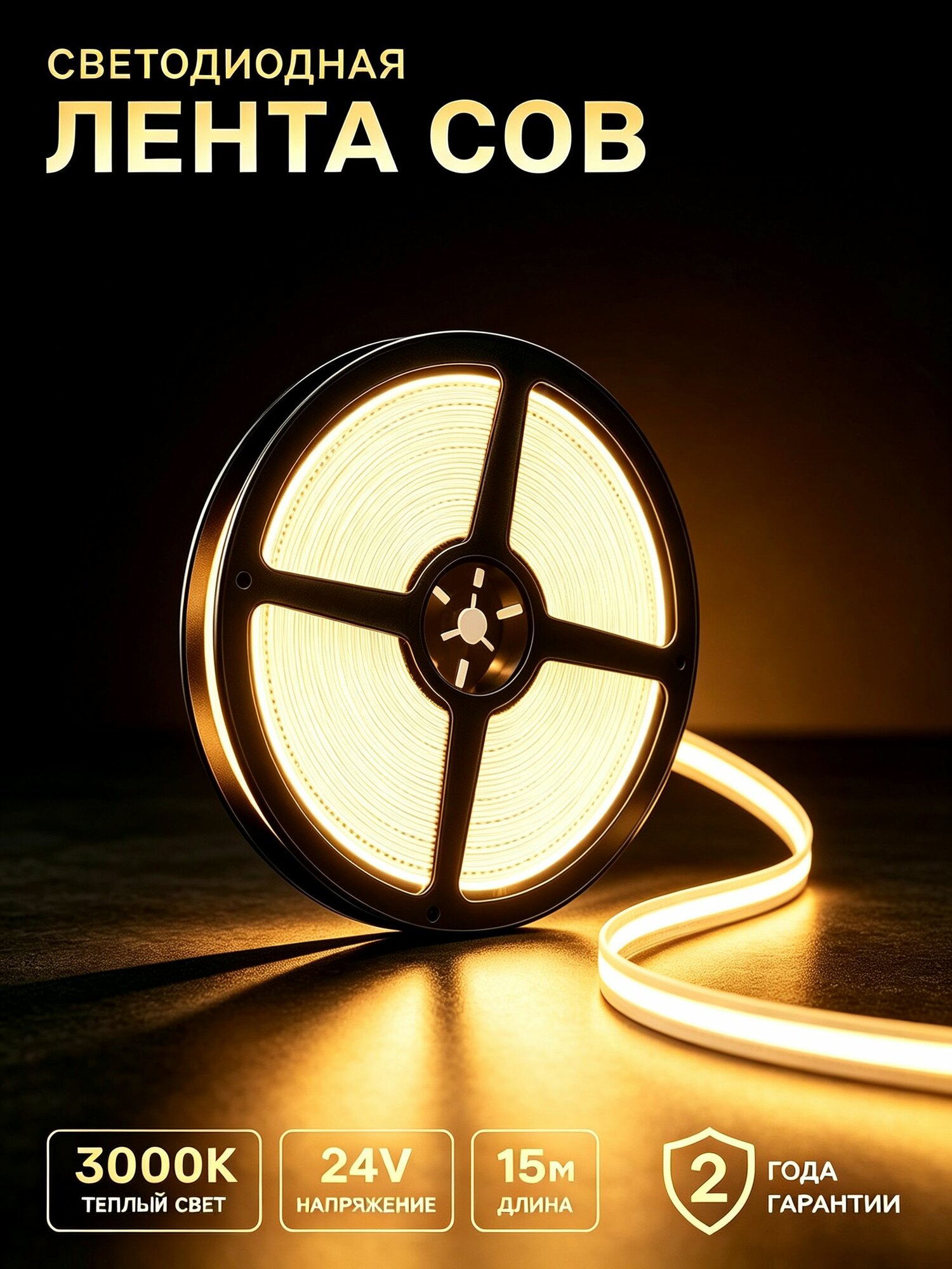 Светодиодная лента COB, 24В, 320 LED/м, IP20, 15 метров, цвет 3000К, диммируемая с пультом APP, без мерцания