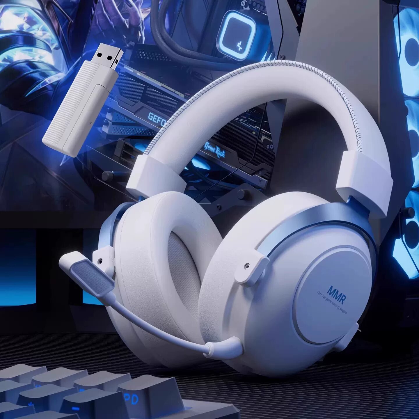 GT95Max Белый-Синий игровой наушник с Bluetooth 6.0, беспроводным 2.4G, приемником Type-C, 200 ч. автономности и