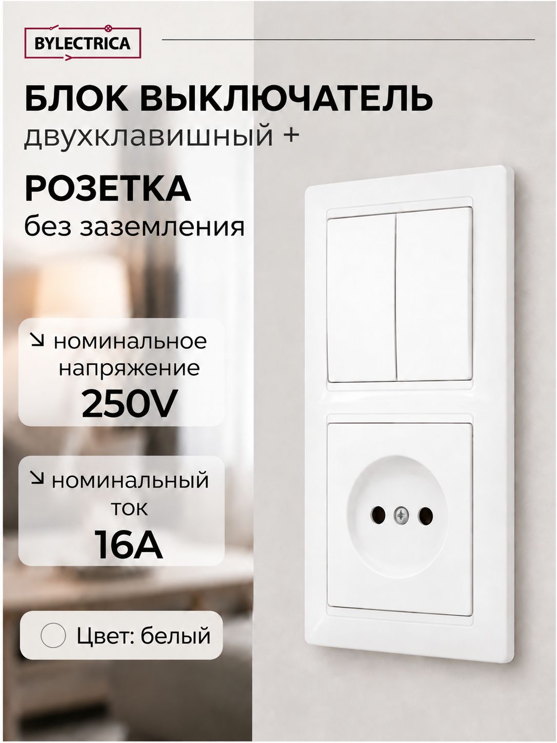 Выключатель двухклавишный для скрытой проводки + розетка накладная BYLECTRICA СветоПрибор