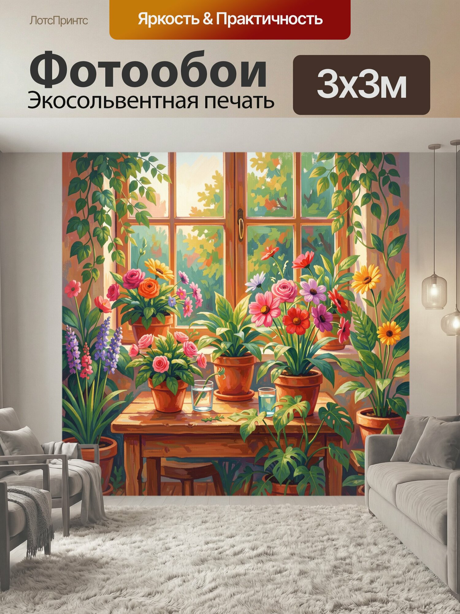 Фотообои "Цветочная композиция у окна. Яркий букет и комнатные растения в терракотовых горшках на подоконнике, солнечный свет из окна." 300x300 см. экосольвентная печать