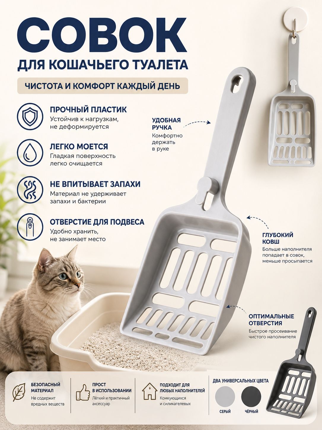 Совок для кошачьего туалета / лопатка для лотка, серый, 22,5x9,5x4 см