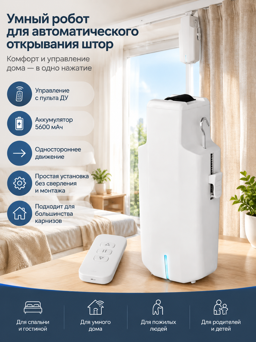 Умный робот для автоматического открывания штор с пультом ДУ, аккумулятор 5600 мАч, белый