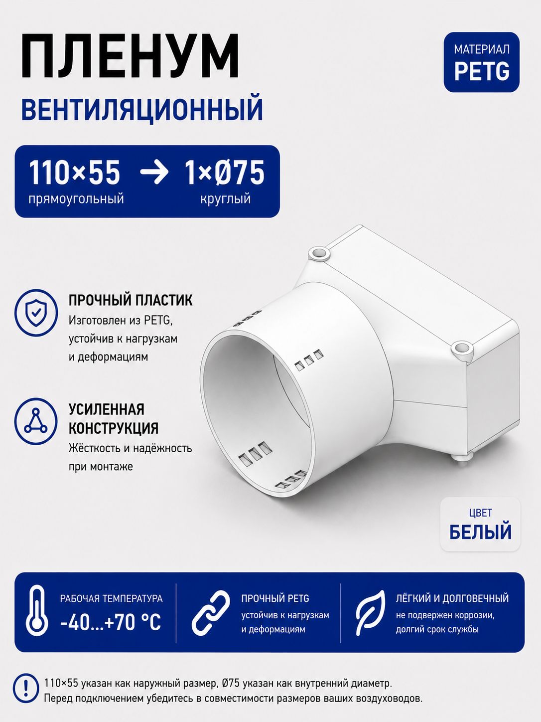 Пленум потолочный вентиляционный 1х75 мм c переходом на 110x55