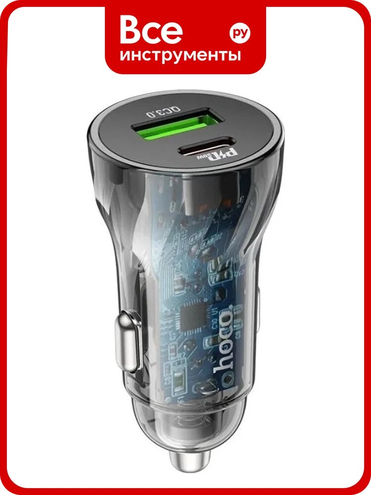 Автомобильное зарядное устройство Hoco z47a transparent 1xusb, 1xusb-c, 3а, pd30w, qc3.0 (черный) 0L-00057049