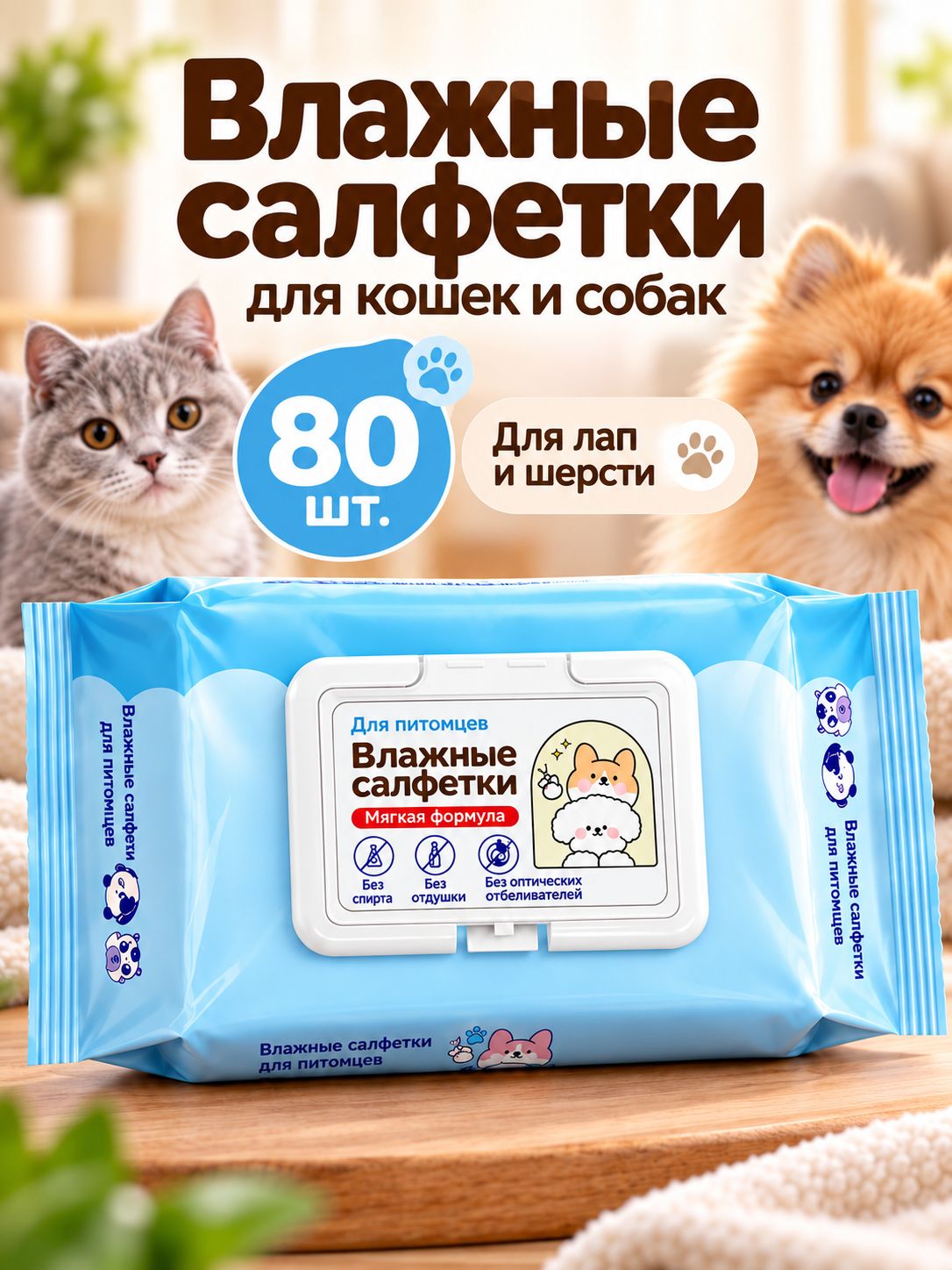 Влажные салфетки для кошек и собак, 80 шт. для лап и шерсти