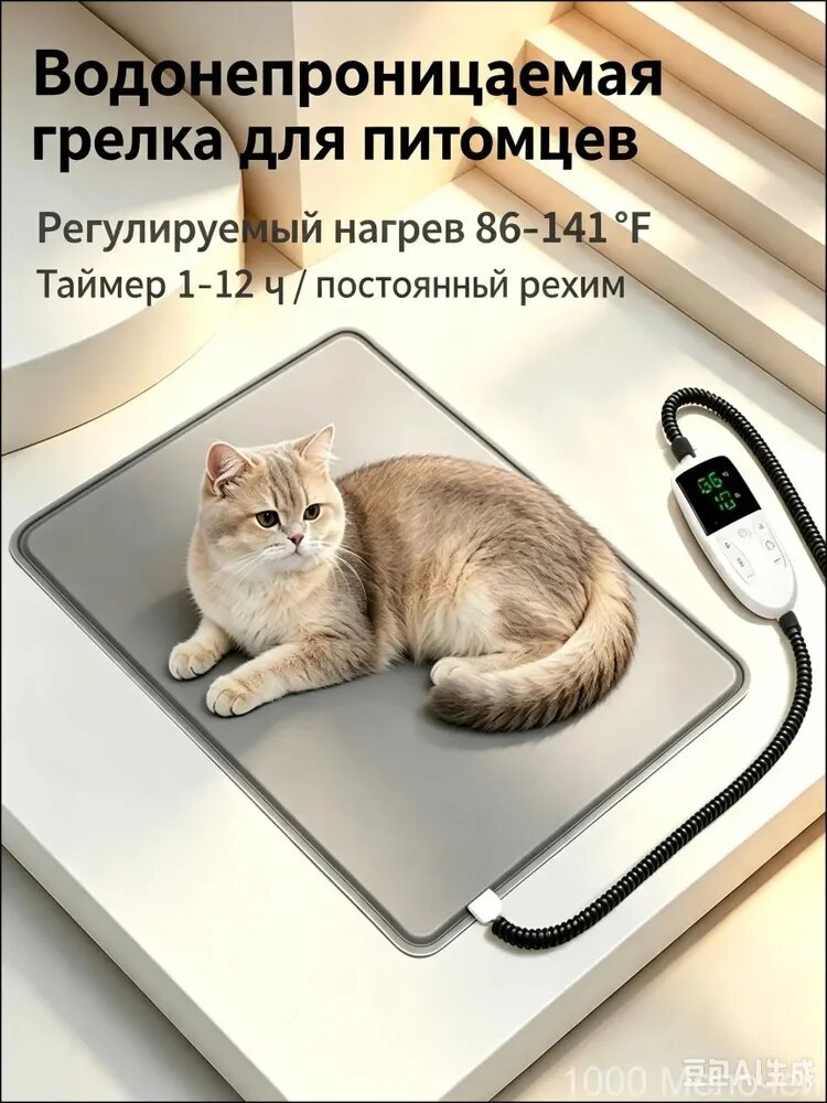 Электрогрелка для животных с цифровым терморегулятором, 45x60 см, водонепроницаемая, с металлической защитой кабеля