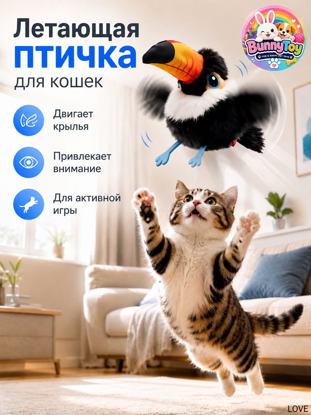 Интерактивная летающая птичка для кошек BunnyToy, игрушка с махающими крыльями, звуком и кошачьей мятой, для активной игры дома