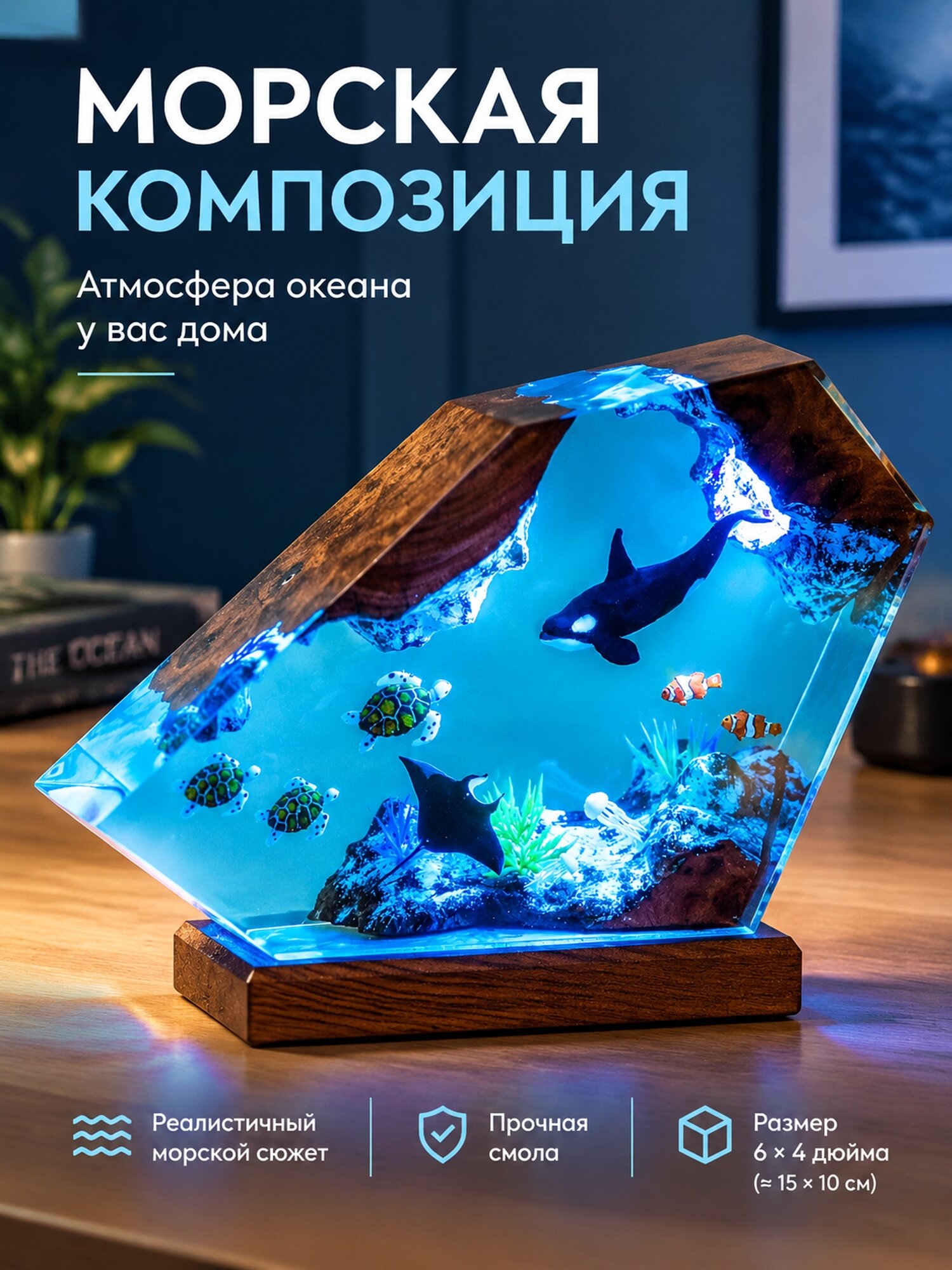 Настольная композиция из смолы с морским сюжетом, 6 × 4 дюйма