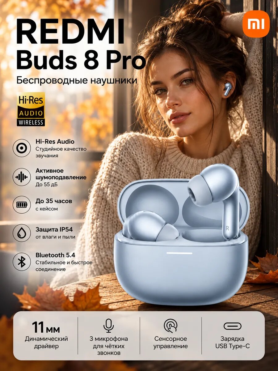 Наушники беспроводные Redmi Buds 8 Pro M2535E1 BHR08GMGL, ледниковый синий, ANC 55 дБ, Hi-Res
