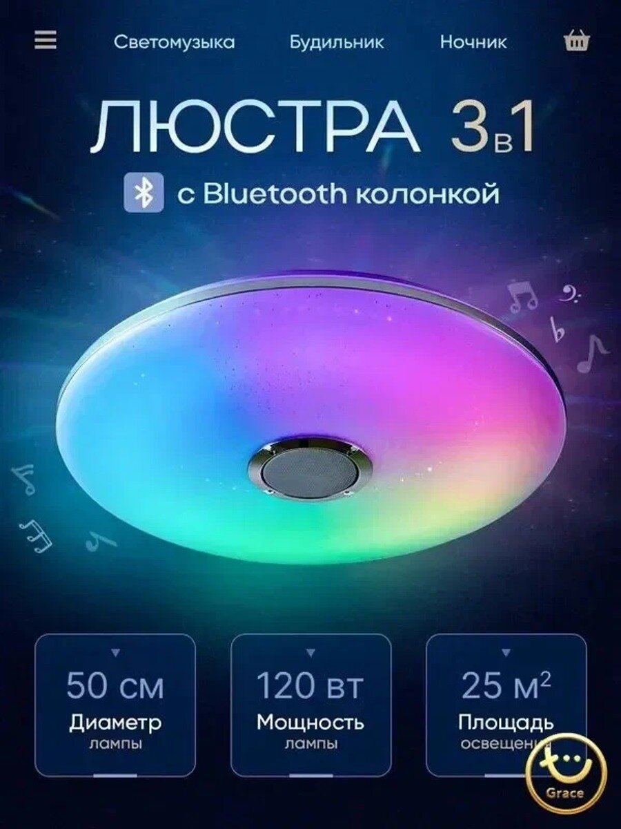 Потолочный светильник круглый с, 98 режимов, управление с пульта и смартфона