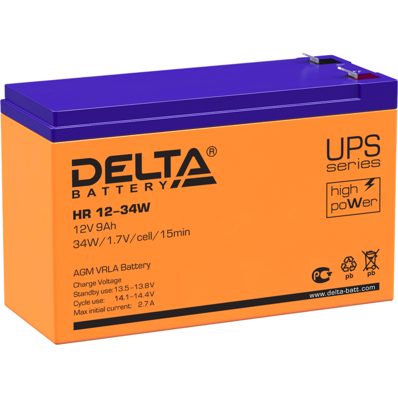 Батарея для ИБП Delta HR 12-34 W, 12 В, 9 А·ч, клеммы F2 (под клемму 250), срок службы 8 лет HR12-34W