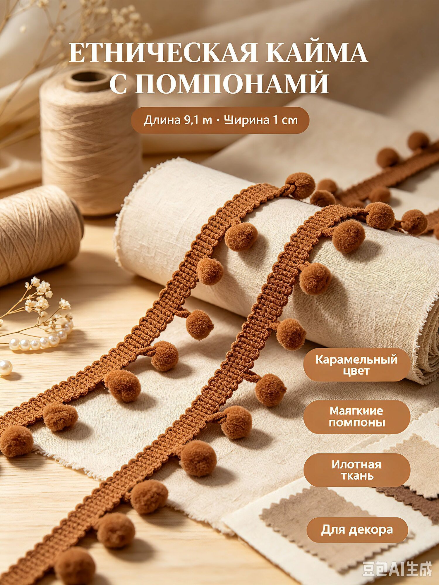 Тесьма с помпонами 9м 1см для штор подушек