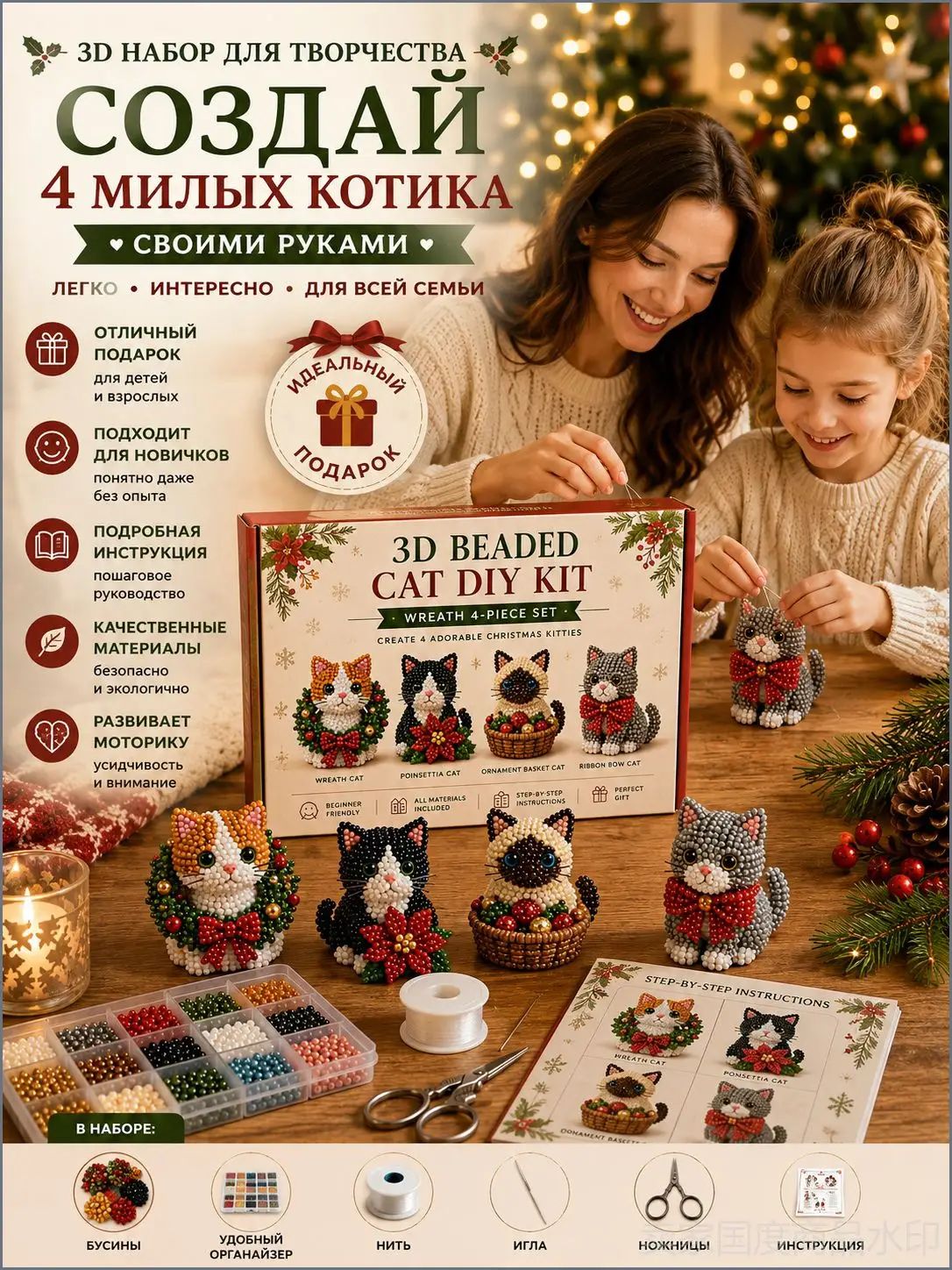 Набор для бисероплетения 3D кошки новогодние DIY 4 фигурки подарок для начинающих