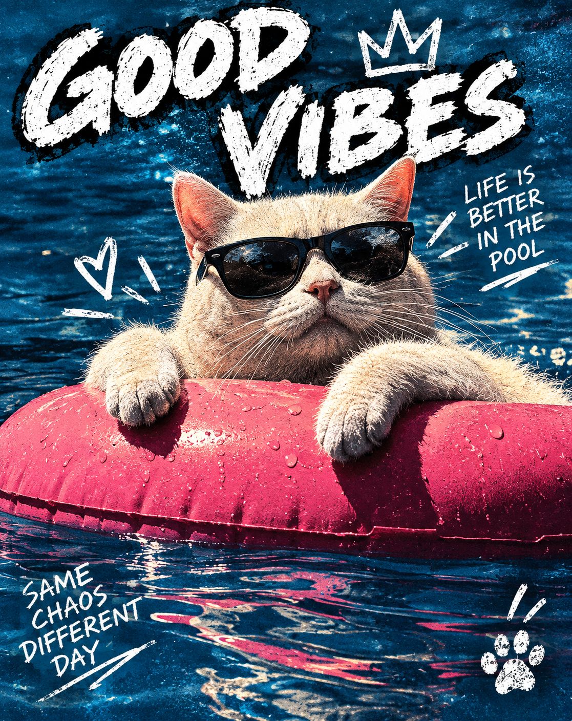 Термонаклейка для одежды / Термотрансфер 24х19см Good Vibe Кот плавающий на круге НосиПринт Funny Pets
