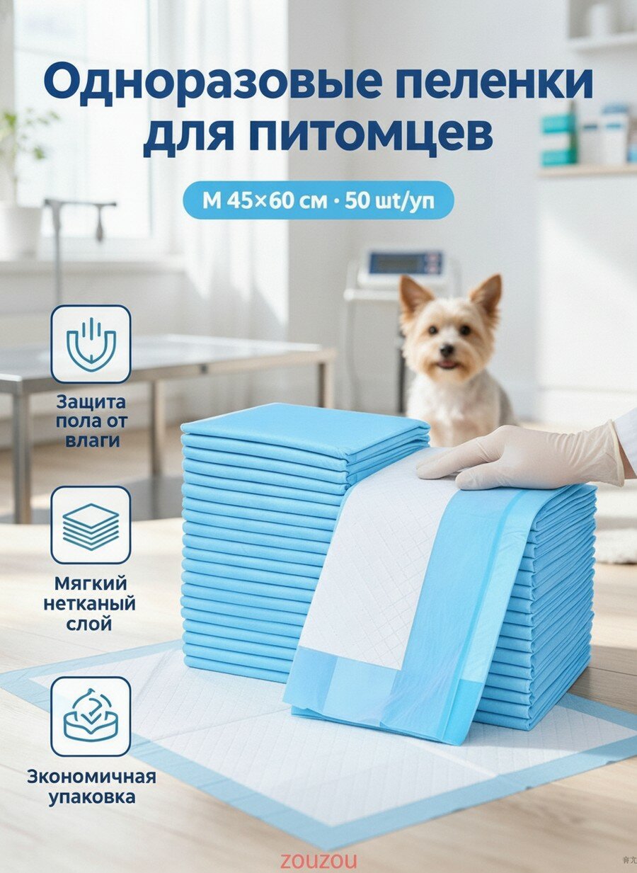 Пеленки впитывающие гелевые для кошек и собак 45х60 сантиметров синие, Одноразовые, В упаковке 50 шт