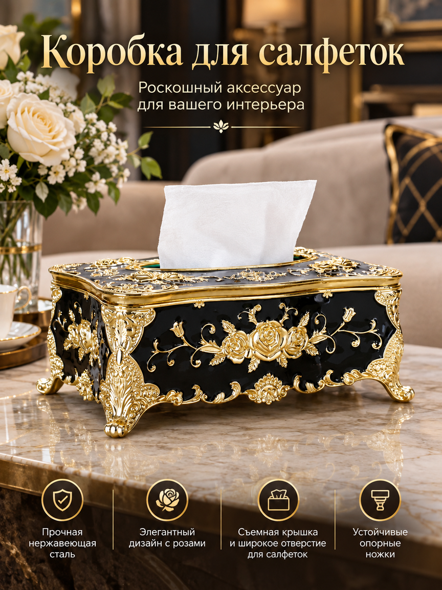 Черно-золотая салфетница с розами, металлический бокс для салфеток в стиле люкс, 24 см