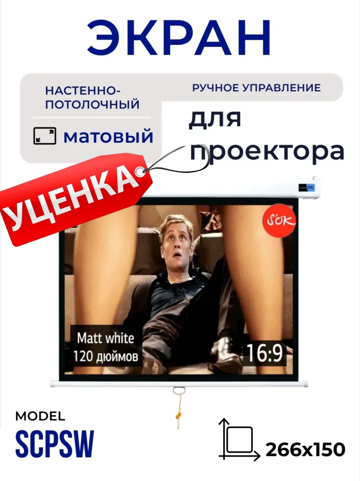 Экран для проектора S'OK SCPSW-266x150 120'' 16:9 настенно-потолочный, ручной, матовый, белый