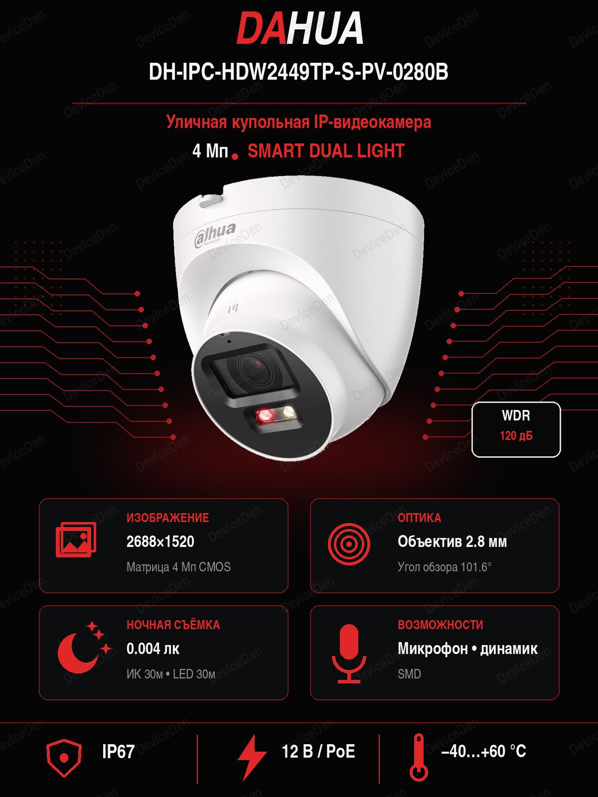 Dahua DH-IPC-HDW2449TP-S-PV-0280B 4 Мп уличная купольная IP-камера, объектив 2,8 мм, ИК-подсветка до 30 м