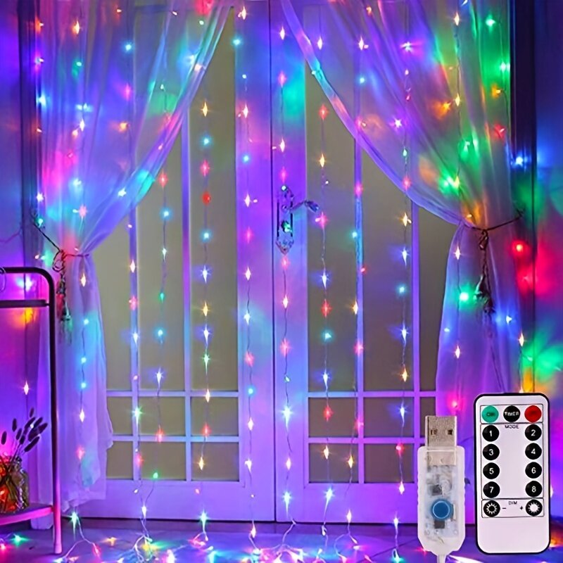 LED гирлянда-штора 600 светодиодов, многоцветная, размер 6х3 м, с теплым свечением, питание от USB с пультом ДУ, 8 режимов, для дома и улицы, праздничный декор