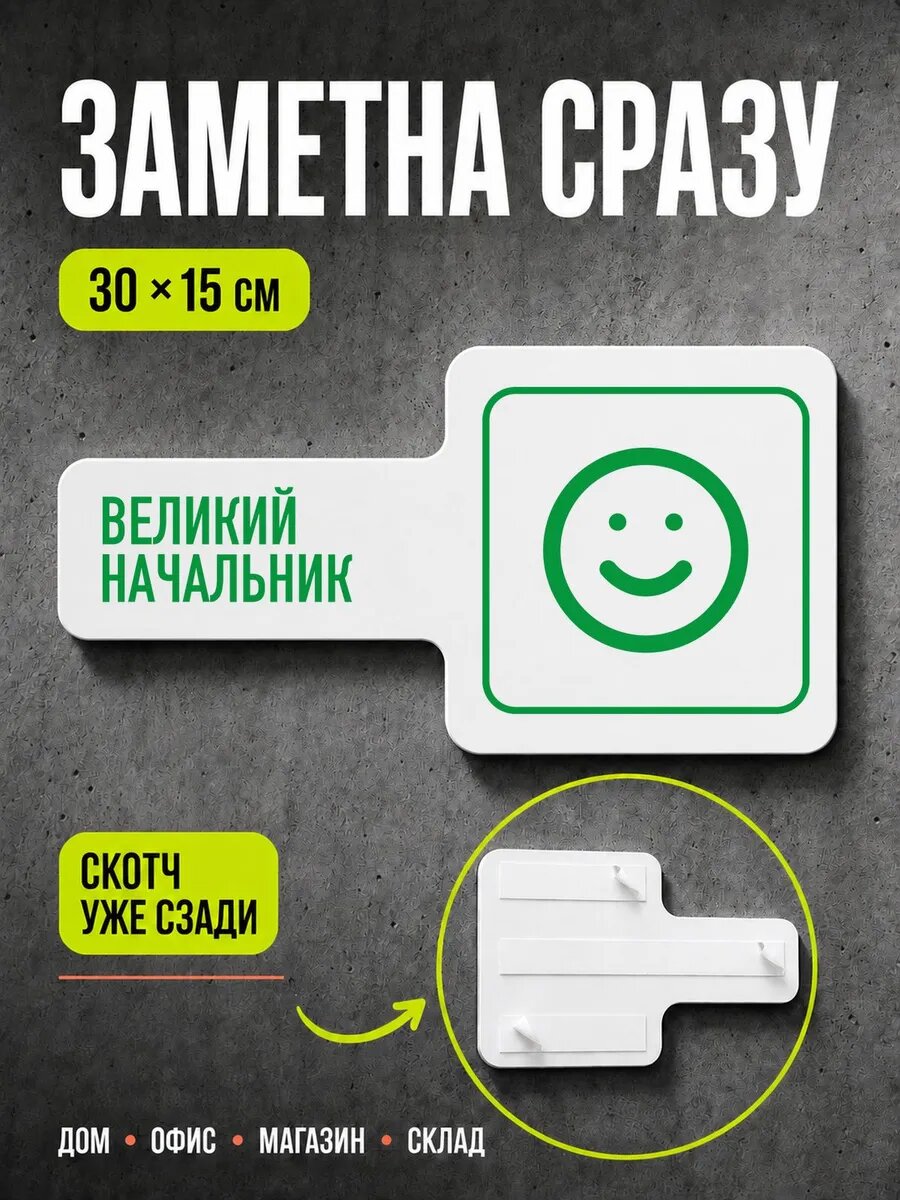 Табличка Великий начальник 30×15 см, зеленая, PETG, на двустороннем скотче