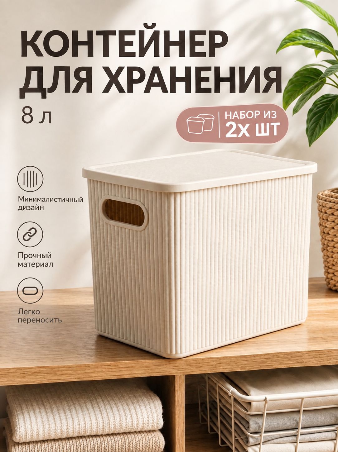 Контейнер с крышкой для хранения 8 л пластиковый 18.5х28.3х20.9 см (бежевый) 2 шт