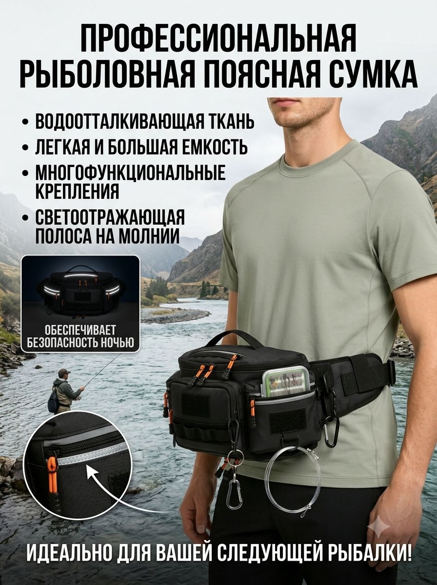 Рыболовная поясная сумка тактическая водонепроницаемая мужская/унисекс, сумка для спиннинга и приманок, для рыбалки, охоты, с быстрым доступом к снастям и множеством карманов (чёрный)