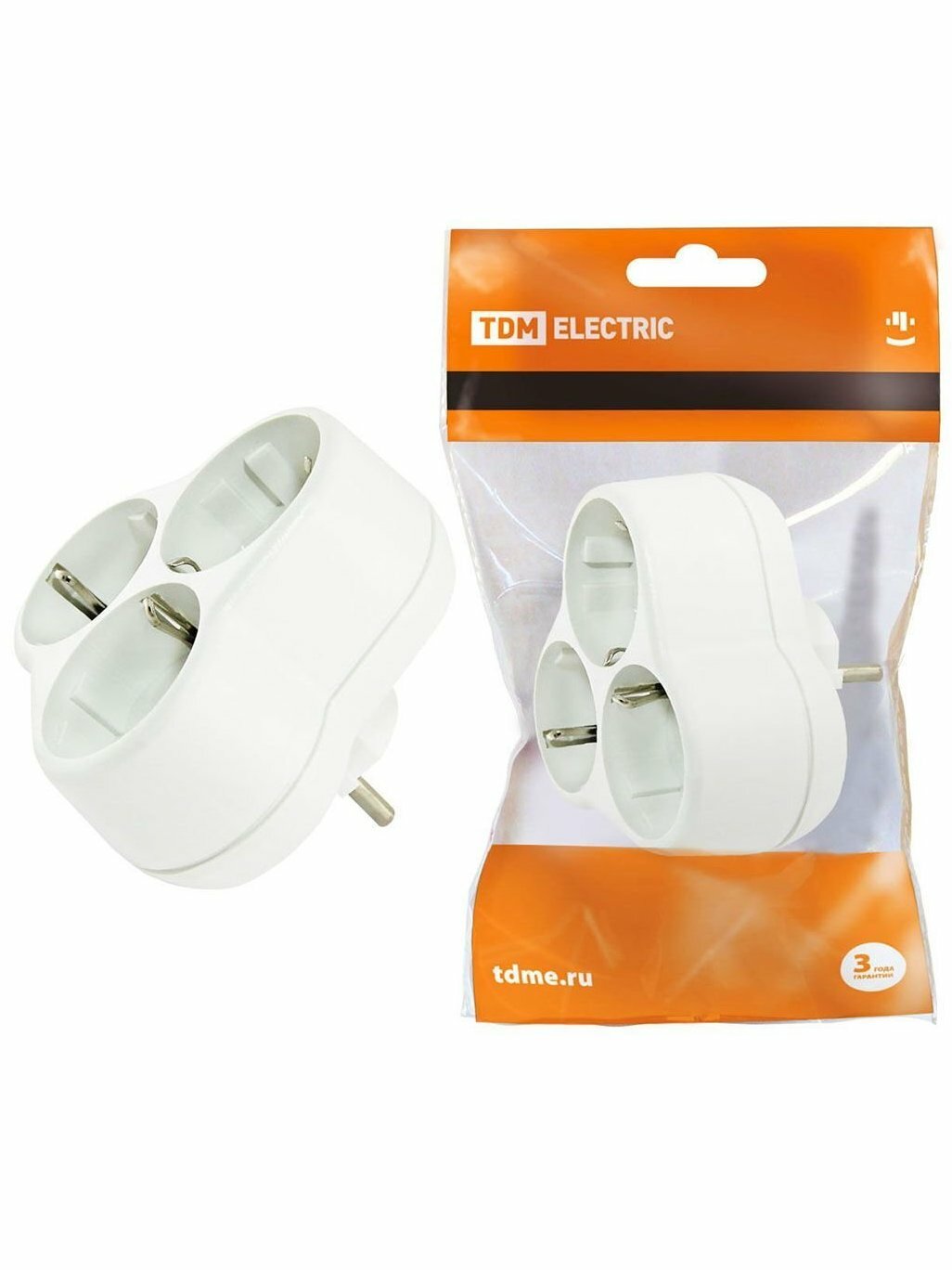 Тройник электрический TDM Electric, 3 гнезда, 16 А, 250 В, с заземлением, SQ1806-0028