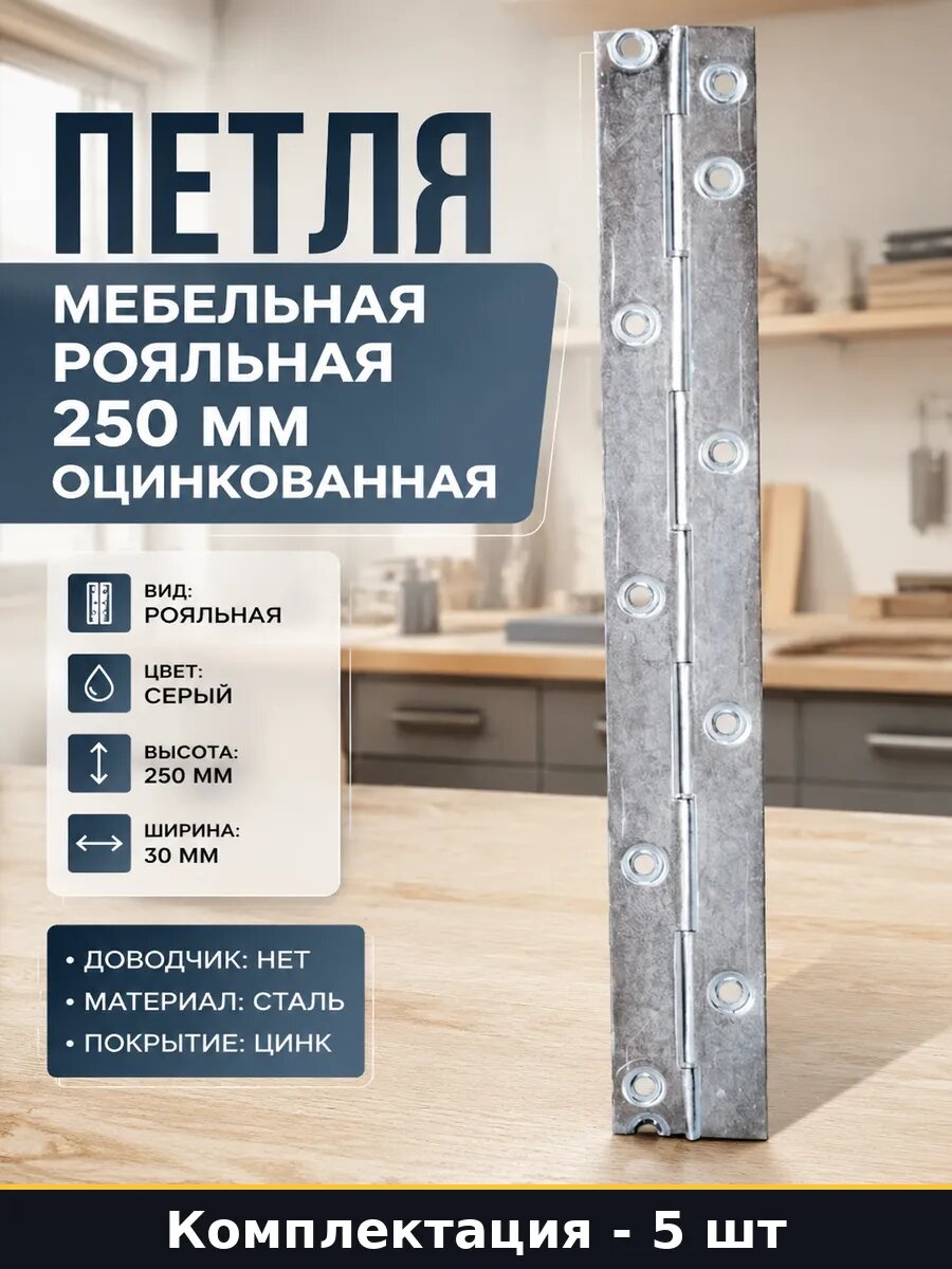 Петля рояльная врезная 25 см 5 штук оцинкованная для мебели