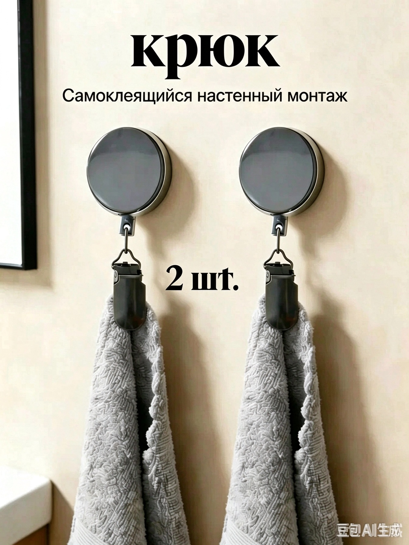 Настенный крючок самоклеящийся 2 штуки, держатель полотенец, без повреждения стен