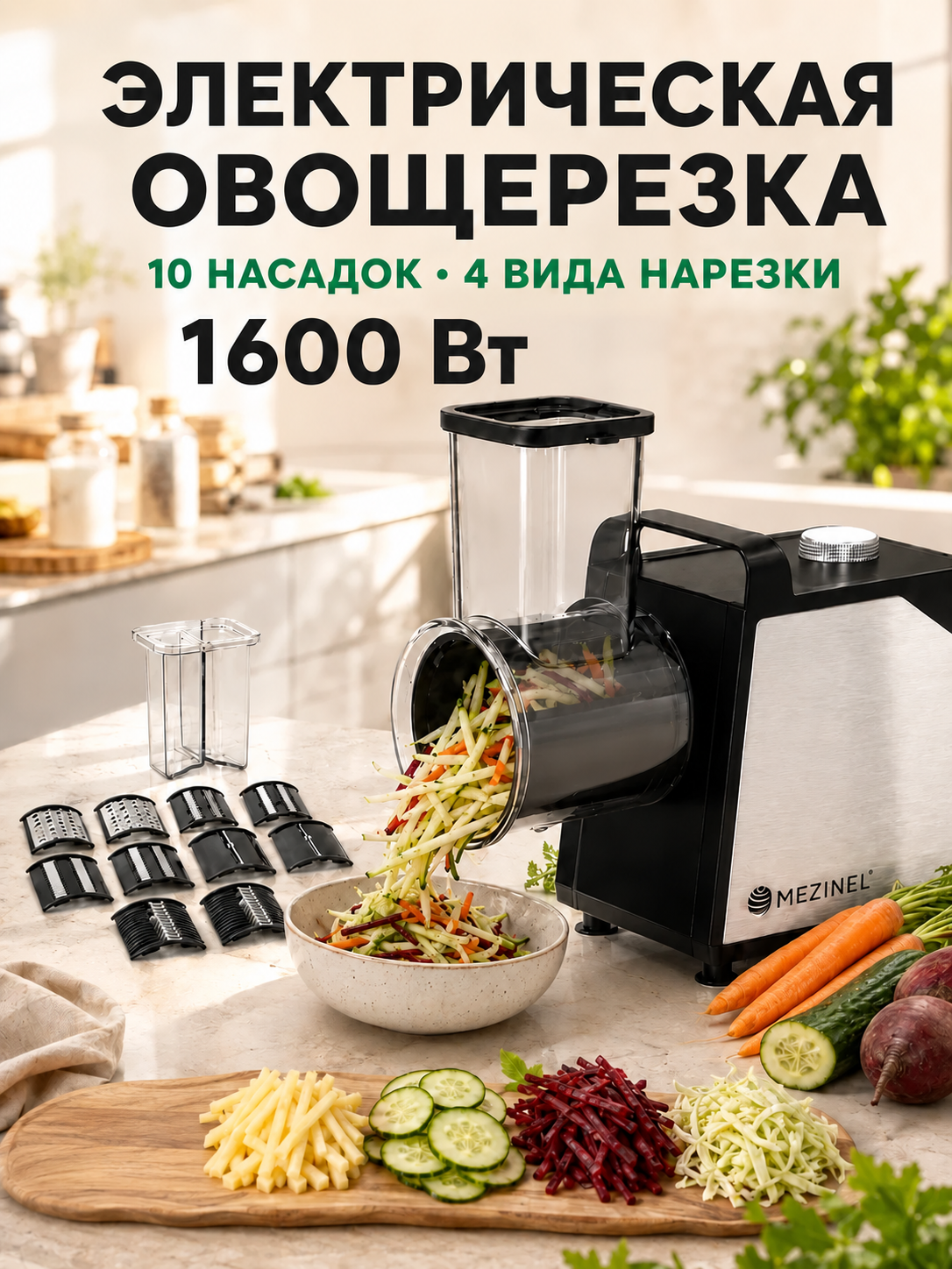 Овощерезка электрическая многофункциональная 5 в 1, нарезка кубиками, 10 сменных насадок, 1600 Вт