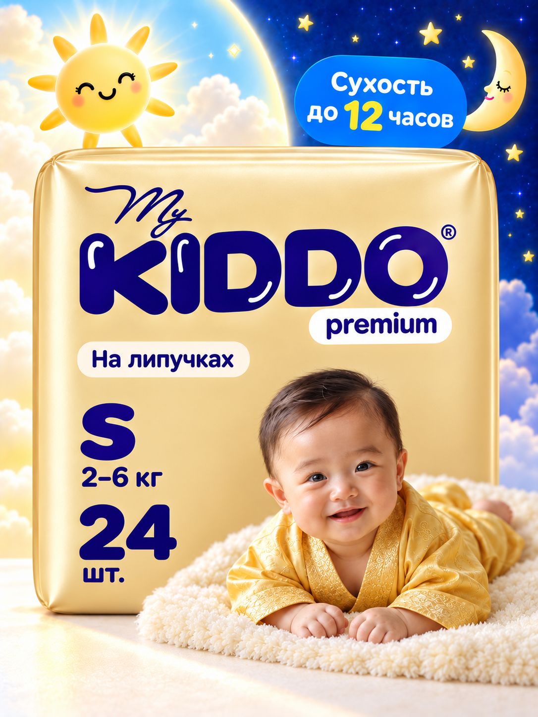 Подгузники для новорожденных 0+ на липучке, размер S (до 6 кг), 24 шт KIDDO Premium