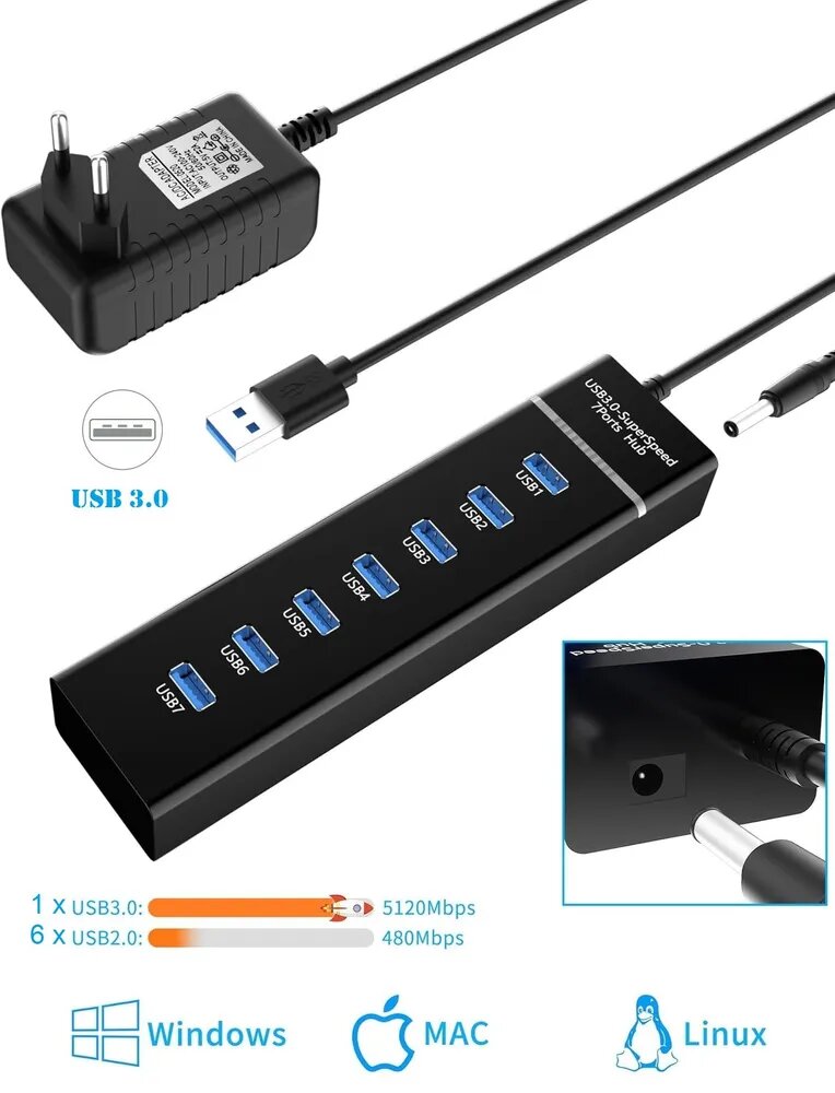 USB HUB разветвитель 1 x USB 3.0 F 6 x USB 2.0 F в USB 3.0 M c блоком питания, 1.2 м