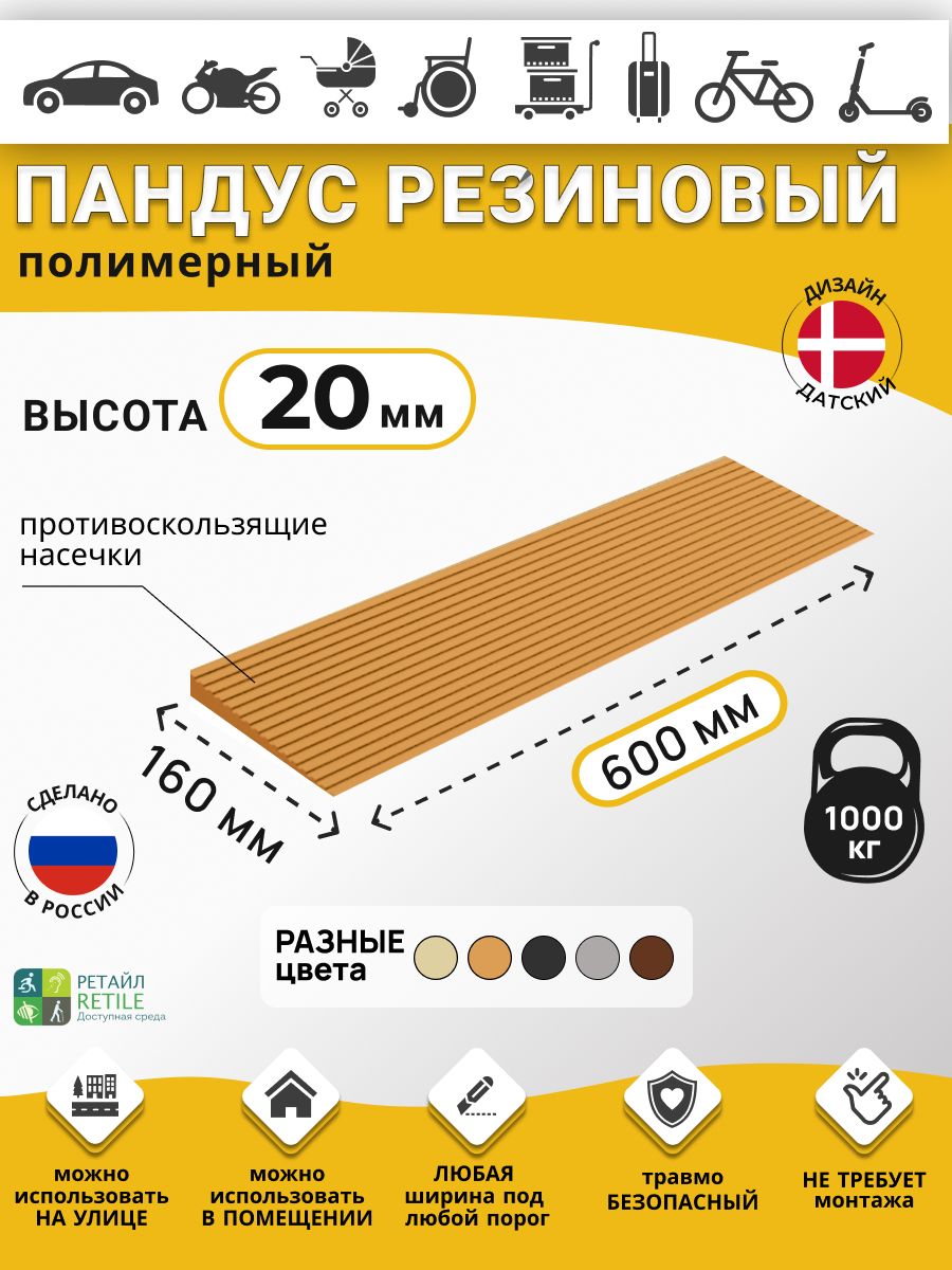 Пандус резиновый рубеж для порогов высотой 2 см (20х600х150 мм), светло-коричневый, для колясок, склада и автомобилей